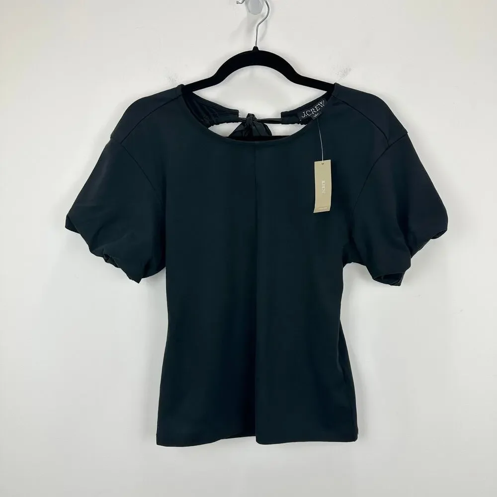 J.Crew Open Back Puff Sleeve Top Stretch Cotton Satin Bow Preppy Small NWT
